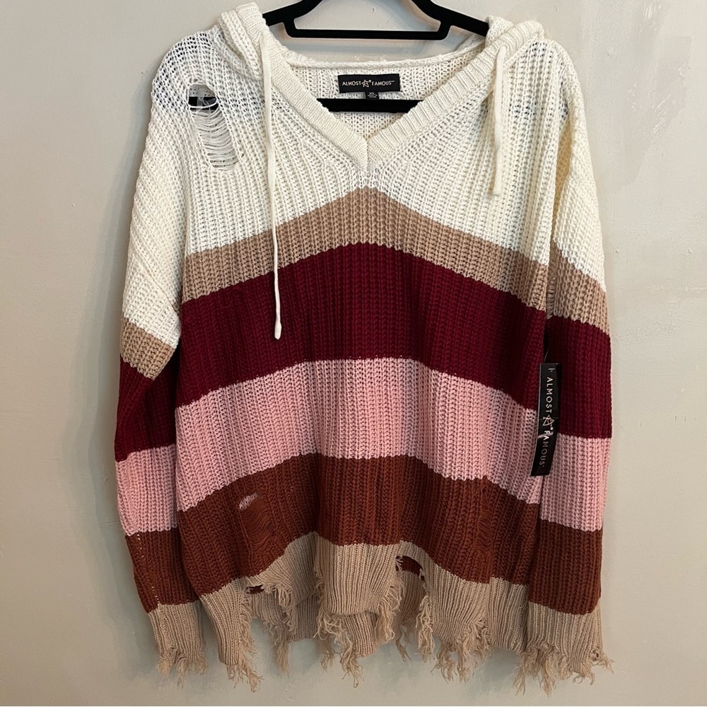 Almost Famous Vneck long sleeve distressed frayed hem color block multi color XL